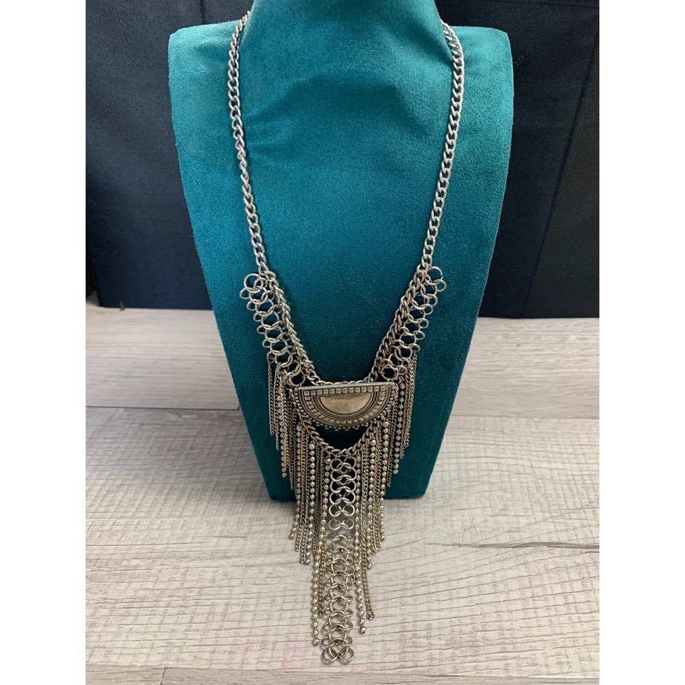Boho Antique Silver Tone Statement Fringe Necklace Tribal Crescent Chain Link‎